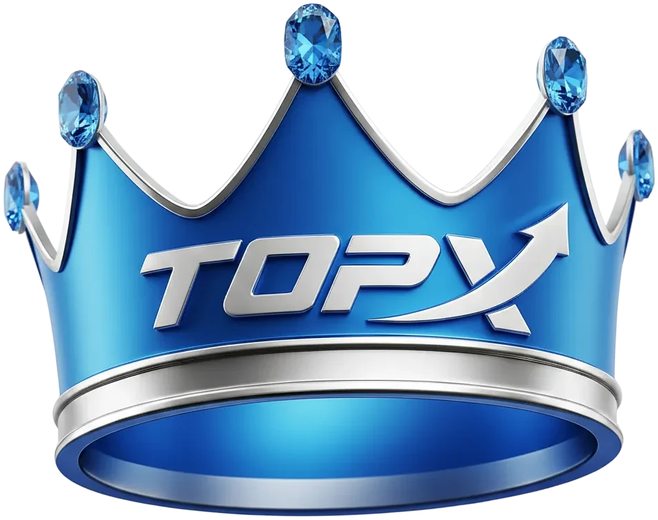 Coroa azul com o logotipo da TopX, elemento de marca