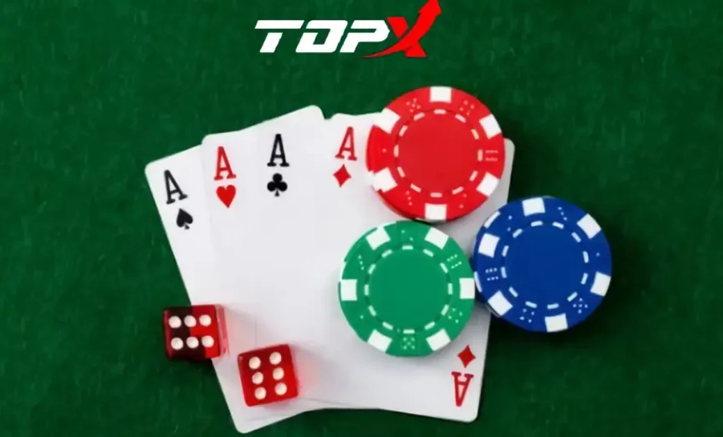 Imagem de marca da TopX: ases, dados e fichas sobre uma mesa verde